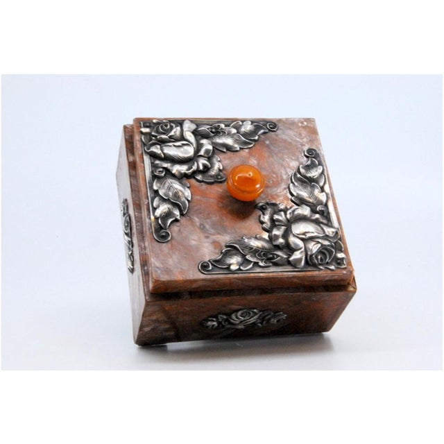Wooden Jewelry Box with Silver Applications on Lid, in Good conditions.