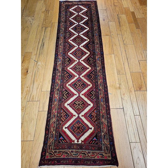 Vintage Persian Malayer Runner, Handwoven Rug in Geometric Pattern, Ivory & Red, 3’ X 10’ For Sale In Chicago - Image 6 of 12
