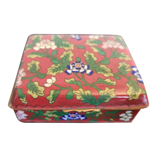Vintage Chinese Colorful Floral Red Cloisonné Box For Sale