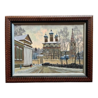 Vintage 1970s Oil Painting by Alexander Kurasov Winter Cityscape 16"x12” For Sale