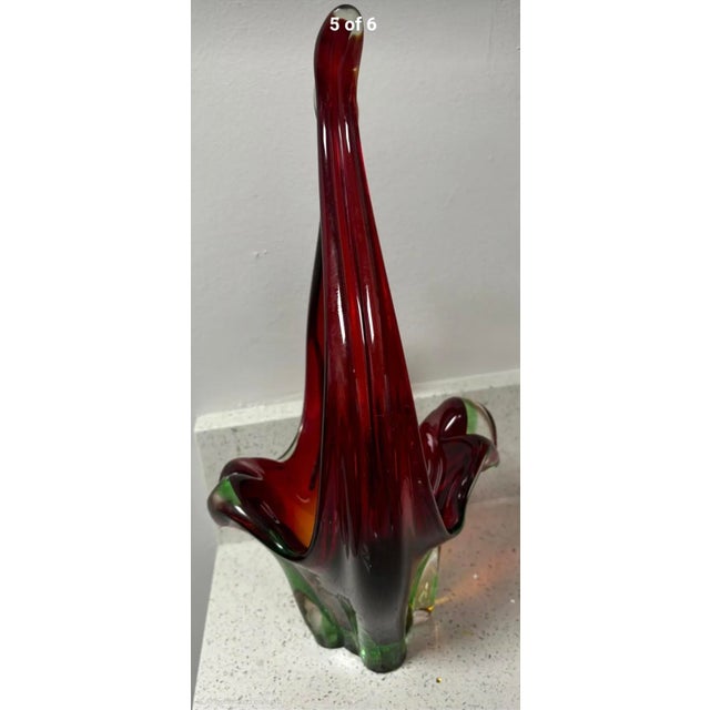 Vintage Mid Century Hand Blown Murano, Italy Red & Green Glass Sculpture Basket 18" tall x 8" wide This is a beautiful...