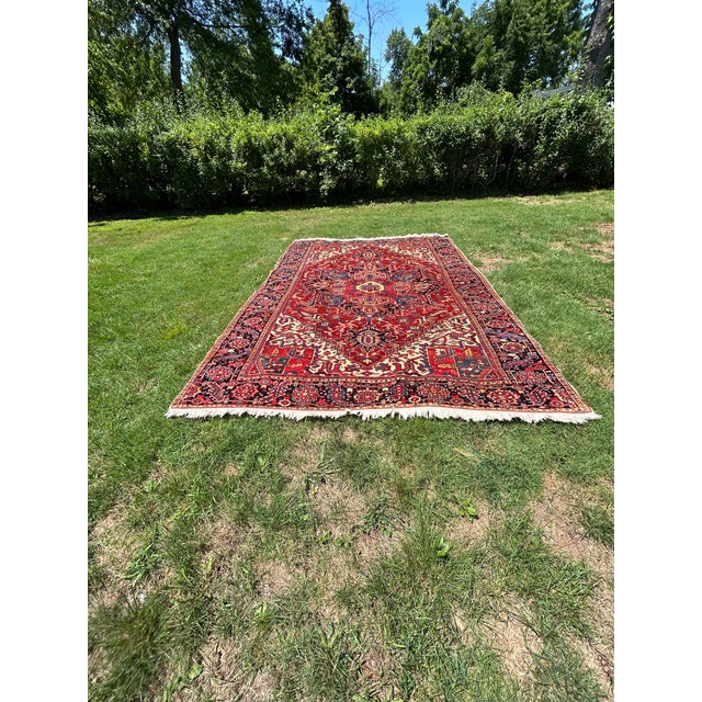 A gorgeous Persian hand knotted antique Heriz rug having central lotus medallion, gorgeous botanical pattern against rich...