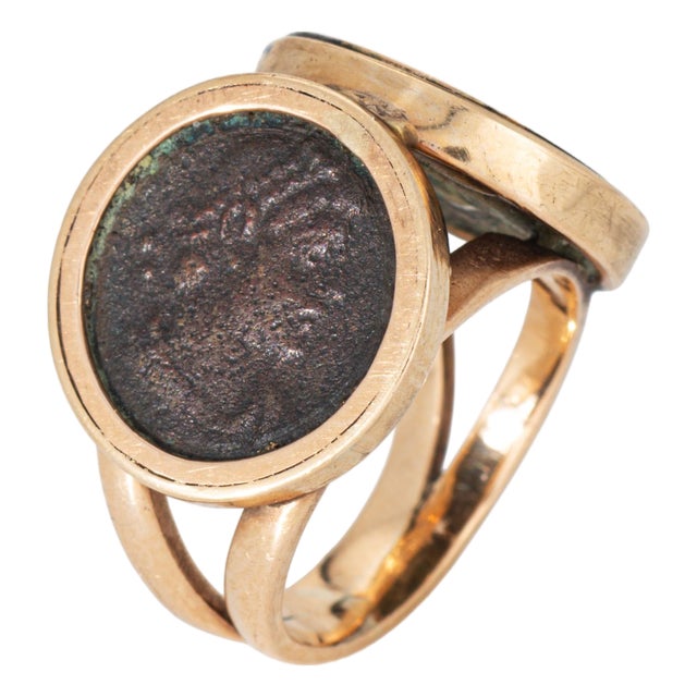 C1970 Vintage Double Ancient Coin Ring 14k Yellow Gold Sz 5.5 Fine Jewelry For Sale