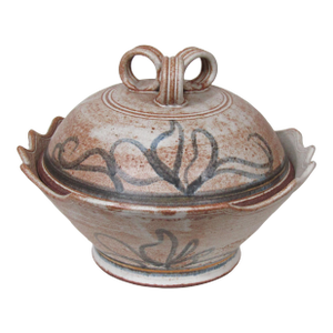 1990s Studio Pottery Stoneware Lidded Bowl Dish With Double-Loop Finial Signed Hansen