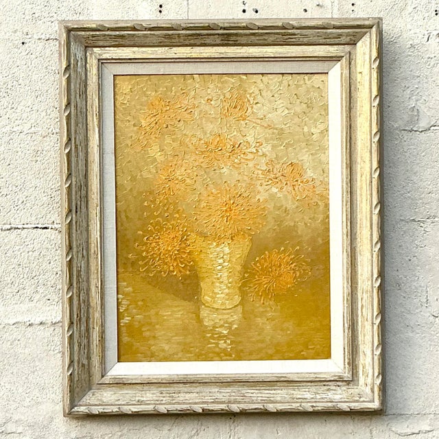 This original 1965 boho floral oil painting captures a vibrant, free-spirited charm with bold brushstrokes and lush...