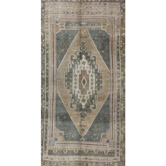 Islamic Vintage Oushak in Gray Green, Beige, Camel Background and Light Green Border For Sale - Image 3 of 9