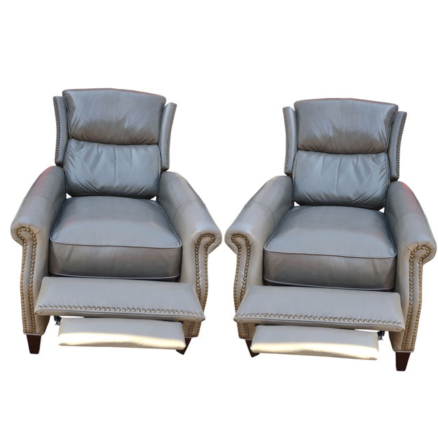 Elevate Your Living Space With This Exquisite Pair of Recliners & Matching Ottoman For Sale - Image 9 of 12