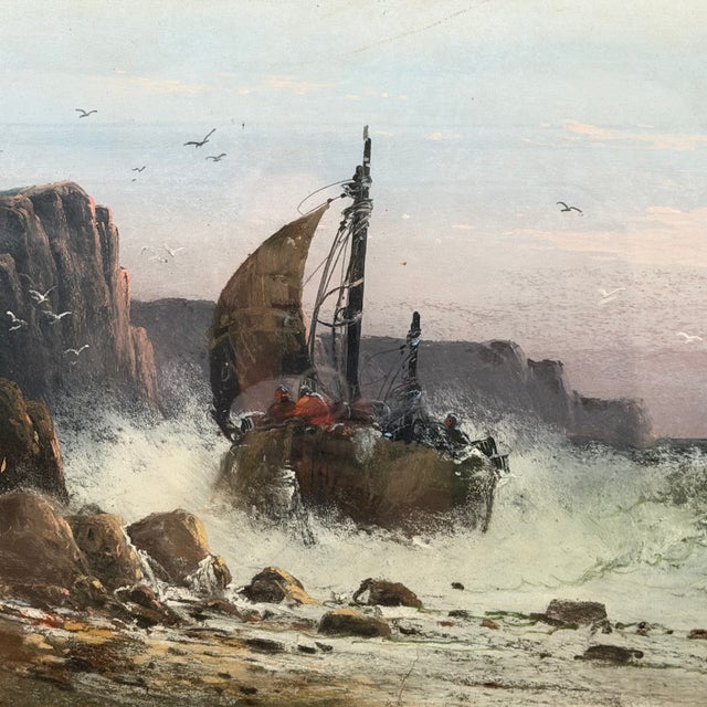 Atmospheric coastal pastel by listed American artist Clarence Braley, depicting a sailing vessel navigating the surf...