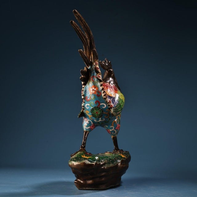 Vintage Chinese Cloisonné Enamel & Gilt Bronze Rooster Sculpture on Stand For Sale In Los Angeles - Image 6 of 10