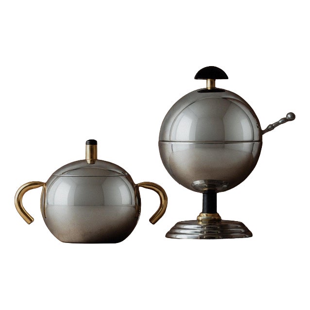 Vintage Sugar Bowl Set in Stainless Steel and Brass, 1980s, Set of 2 For Sale