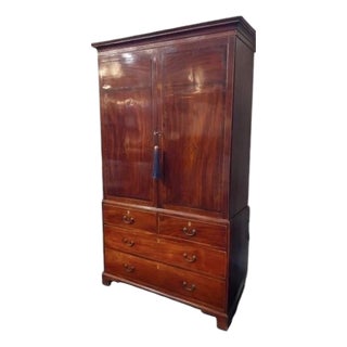 Antique 18c Flame Mahogany Inlaid Linen Press Armoire Cupboard For Sale