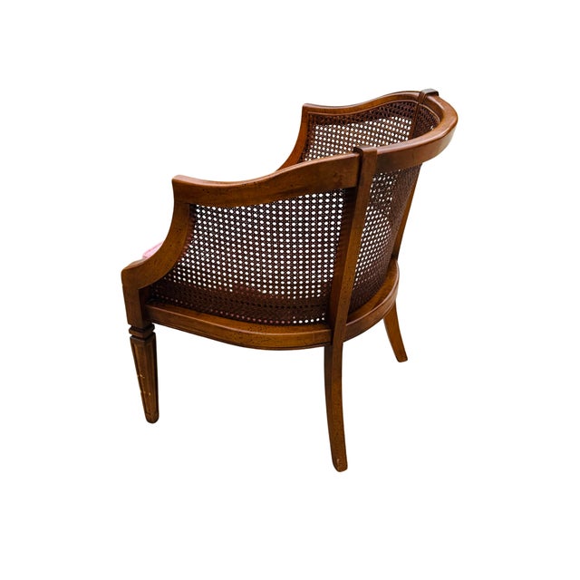Baker Furniture Company Vintage Mid-Century Modern Cane Barrel-Back Armchair | Hollywood Regency Neoclassical Revival | Tufted Pink Plaid Upholstery For Sale - Image 4 of 18