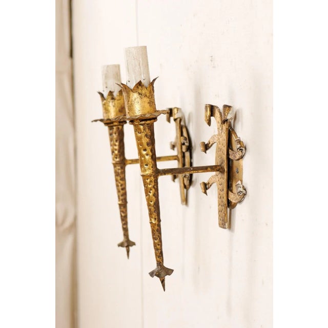 French Torch-Style Hammered Iron Sconces - A Pair For Sale - Image 9 of 10