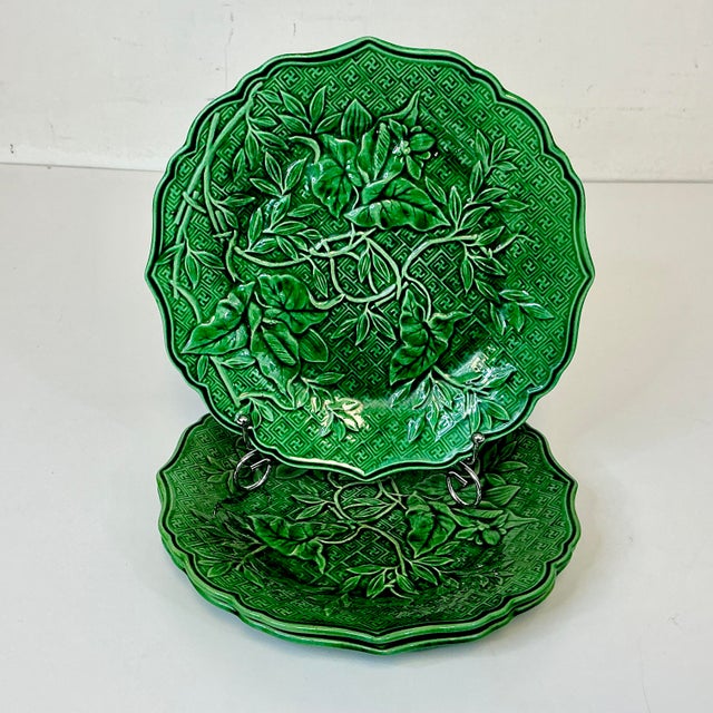 1878 Antique Victorian French l'Art Vegetal Green Majolica Clairefountaine Salad Plates - Set of 3 For Sale - Image 10 of 10