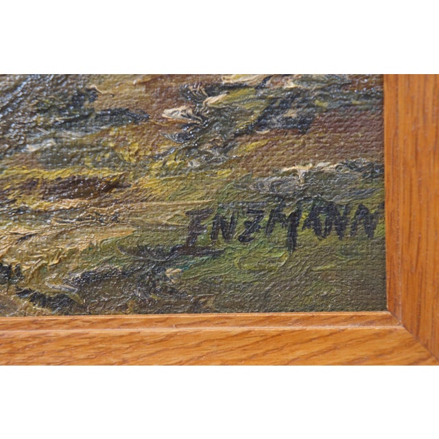 Green Vintage Eduard Enzmann Alpine Church Landscape Oil Painting on Board 20" For Sale - Image 8 of 10