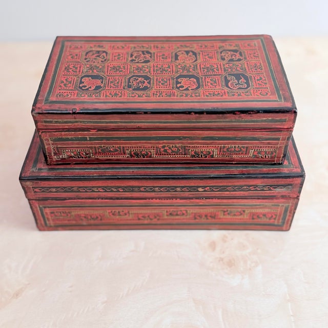 Mid 20th Century Burmese Lacquerware Decorative Box, Hand-Painted Zodiac/Mythical Animal Motif, Large Scale For Sale In Chicago - Image 6 of 6