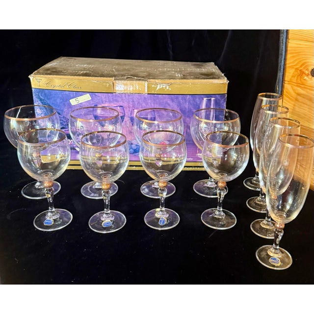 1980s 1980s Bohemian Crystal With 24k Gold Trim Stemware Set - Set of 13 For Sale - Image 5 of 12