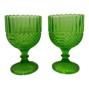 Vintage Green Anchor Hocking Diamond Pattern Glass Compotes- Set of 2