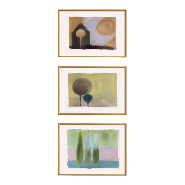 Contemporary Abstract Landscape Triptych | Oil on Paper With Custom Varnish | Greek Countryside Inspired | Newly Framed For Sale