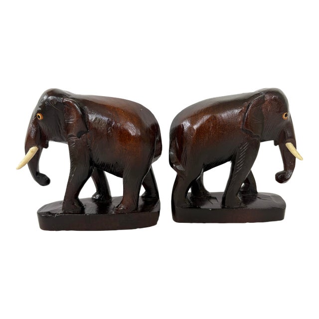 Vintage Hand-Carved Wooden Elephant Figurines – Set of 2 For Sale