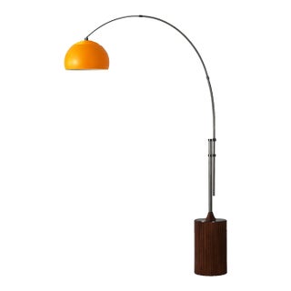 1980s Nova of California Tambo 92-Inch Arc Floor Lamp - Mid Century Modern, Tambo 92" Arc Lamp - Mid-Century Modern, Mustard Steel Shade, Walnut Base For Sale
