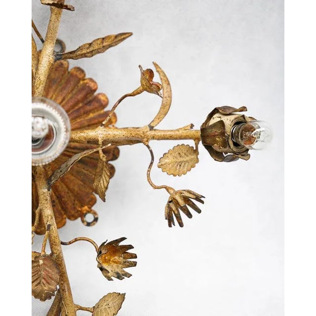 1930s French Tole Rose Flush Mount Ceiling Light For Sale - Image 5 of 8