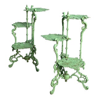Italian Art Deco Plant Stands in Green Cast Iron, 1930s, Set of 2 For Sale