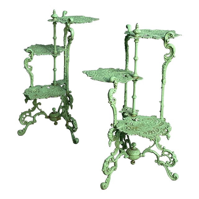 Italian Art Deco Plant Stands in Green Cast Iron, 1930s, Set of 2 For Sale