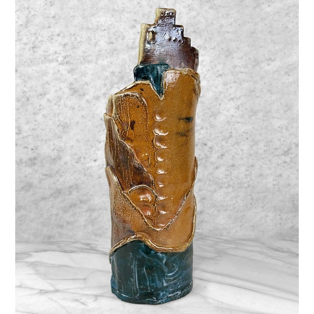 Vintage 16" Brutalist Abstract Glazed Studio Pottery Castle Tower Vase For Sale - Image 4 of 9