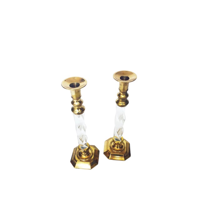 Mid-Century Modern Vintage Tall Brass and Twisted Lucite Candlestick Holders - A Pair For Sale - Image 3 of 6