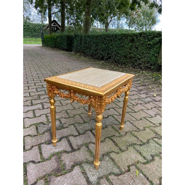 Late 20thC French Louis XVI Gold Beech Marble Nesting Tables - Pair For Sale - Image 9 of 18