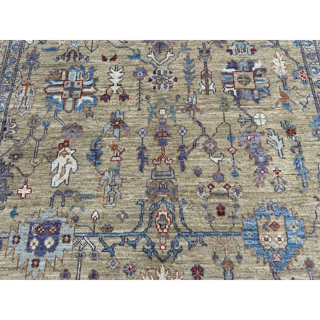 English 8'4" X 10' Serapi Heriz Design Carpet, Camel and Blue For Sale - Image 3 of 10