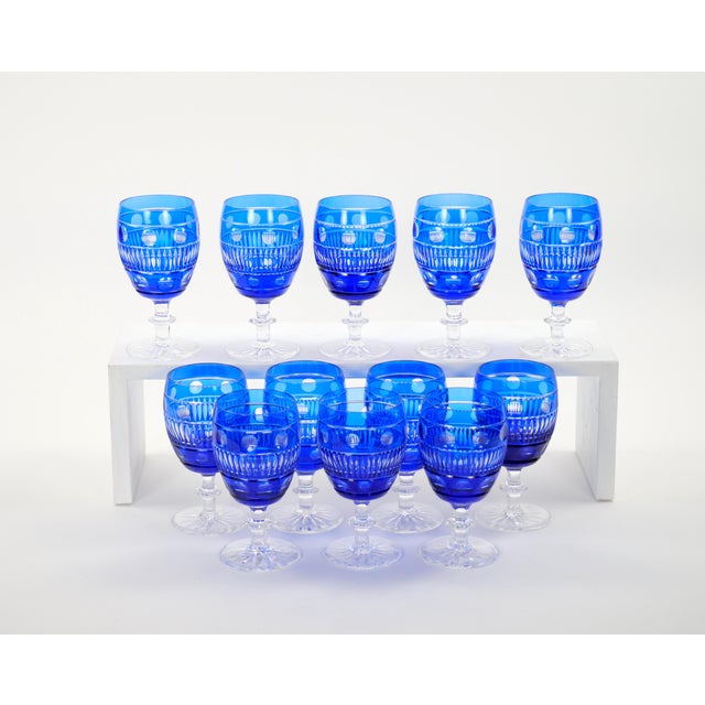 Large Val Saint Lambert Cobalt Blue Crystal Wine and Water Service for 12 People For Sale - Image 9 of 14