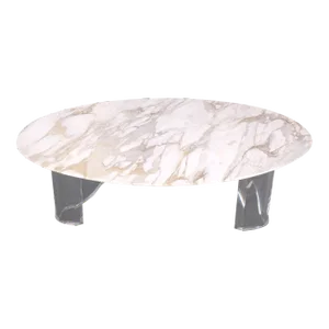 Mid-Century Modern Oval Carrara Marble Top Organic Lucite Base Coffee Table