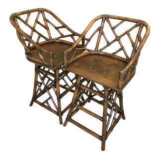 Vintage Mid Century Modern Island Style Rattan Chippendale Bar Stools-Pair For Sale