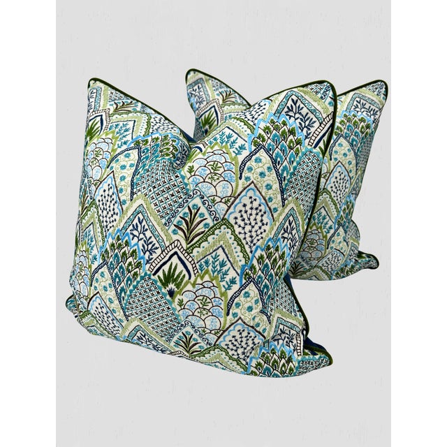Schumacher Schumacher Albizia Embroidery Fabric / Blue & Green Pillow Pair For Sale - Image 4 of 11
