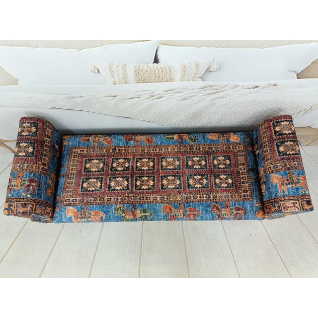 2020s Horse Pattern Rug Print Fabric Upholstered Armed Storage Bench For Sale - Image 5 of 10