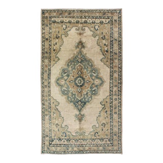 Vintage Oushak Rug With Floral Design in Blue/Green, Taupe, Ivory & Yellow Green 5'2" X9'11" For Sale