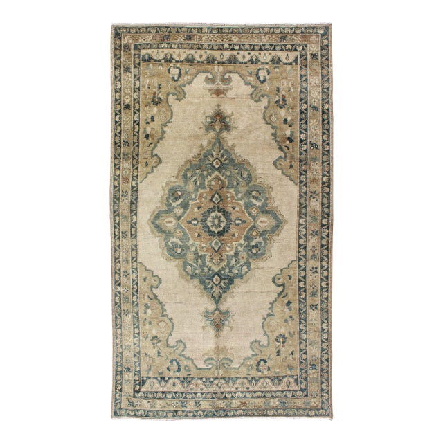 Vintage Oushak Rug With Floral Design in Blue/Green, Taupe, Ivory & Yellow Green 5'2" X9'11" For Sale