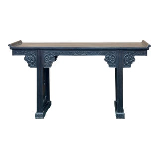 Vintage Rosewood Dark Brown Black Stain Dragon Relief Carving Altar Table For Sale