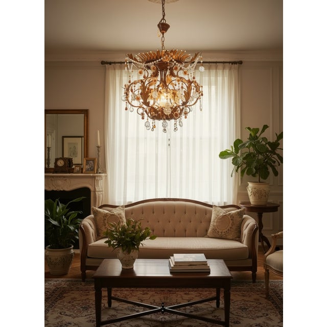 Italian Tole & Murano Glass Chandelier, 1960s A beautiful Italian 1960s chandelier, featuring an intricately decorated...