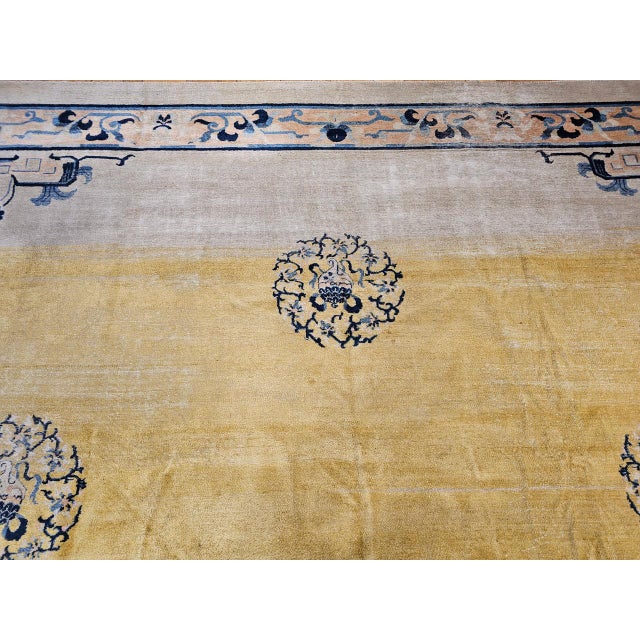 Antique Chinese Peking Rug, Handwoven Ningxia Medallion Pattern, Pale Yellow, 13' X 16' For Sale - Image 9 of 15