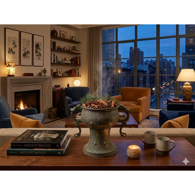 Vintage Look Gray Green Ancient Ding Shape Vessel Holder Display Art For Sale - Image 12 of 18