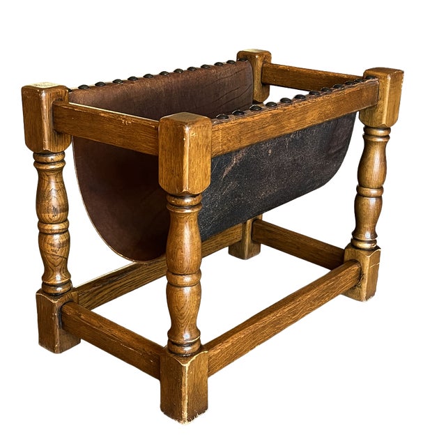 Dutch Wood Magazine Rack with Leather Sling, 1970s For Sale