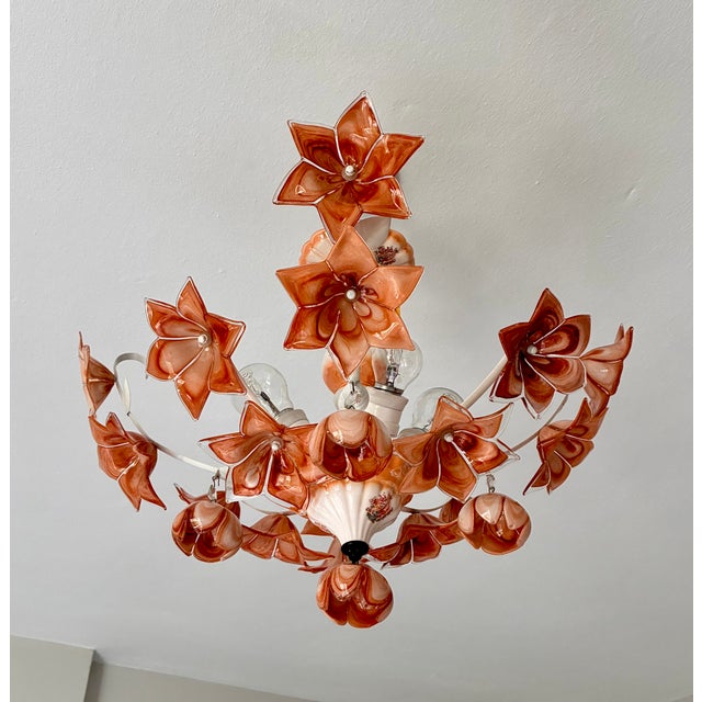 Vintage Italian Murano Style Amber Brown Floral Chandelier - Porcelain Body With Crystal Teardrops For Sale - Image 16 of 18