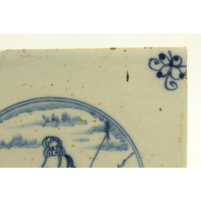 Antique White Antique Dutch Delft Blue & White Tile Pastoral Landscape W Shepherdess For Sale - Image 8 of 12