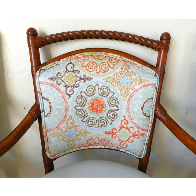 Wood Set of 3 Palecek Rattan Barley Twist Upholstered Accent Arm Chairs For Sale - Image 7 of 12