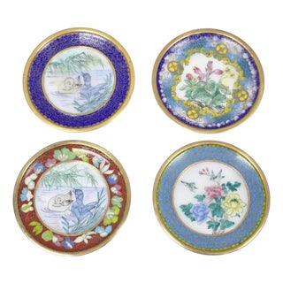 Vintage Chinoiserie Brass Enamel Cloisonne Small Trinket Dish - Set of 4 For Sale