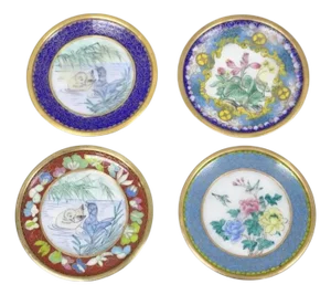 Vintage Chinoiserie Brass Enamel Cloisonne Small Trinket Dish - Set of 4