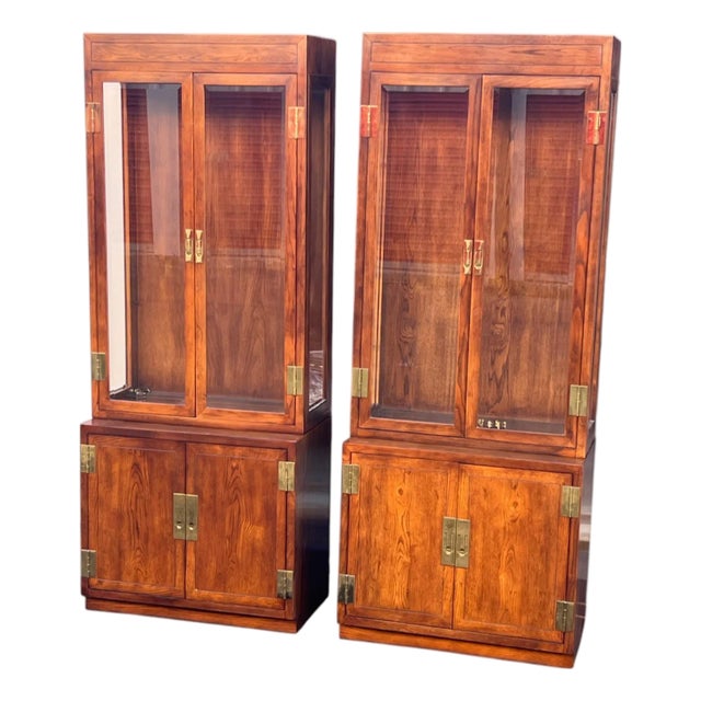 Henredon Campaign Lighted Display Curio Cabinets Scene 1 a Pair For Sale